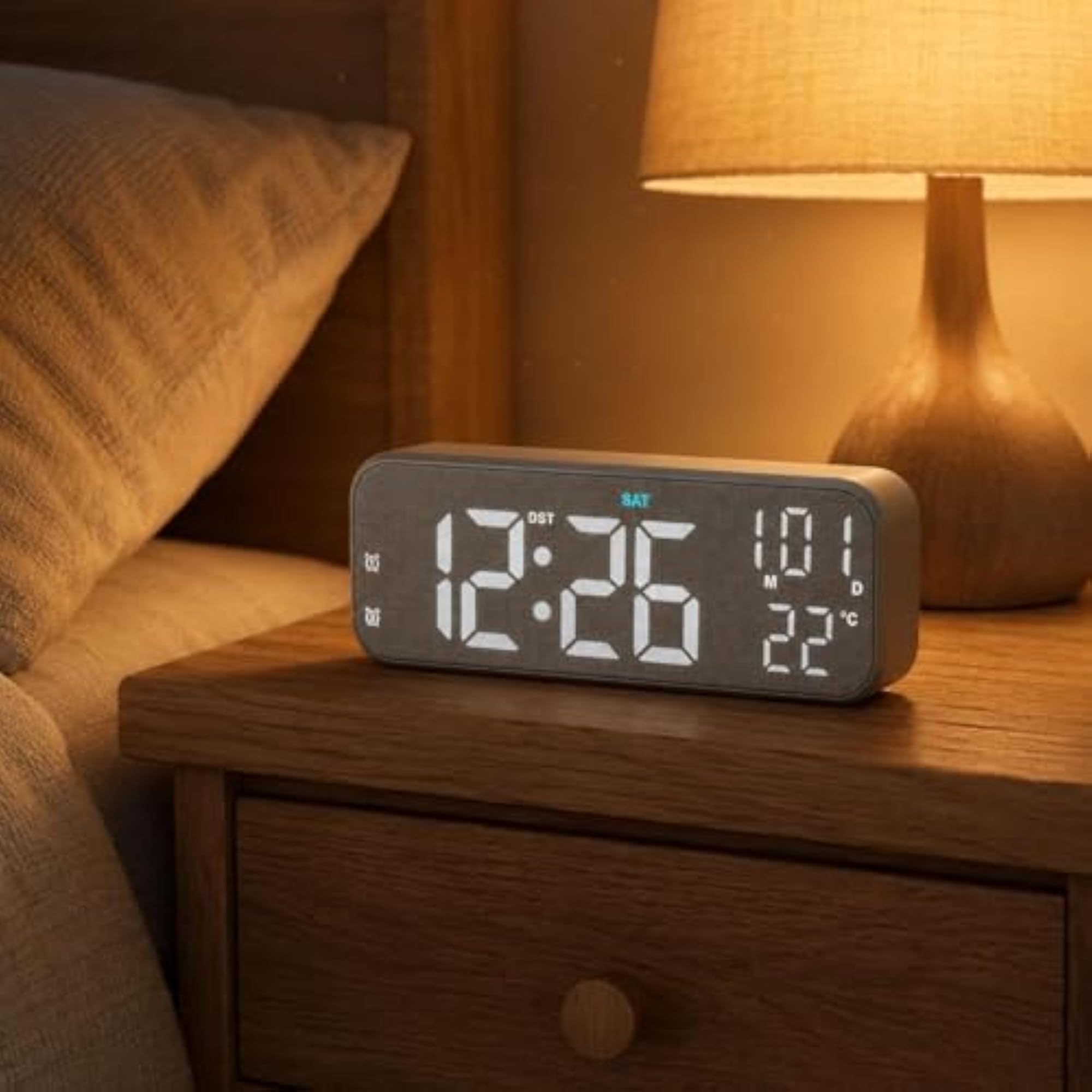 Blue Light Strip LED Desk Clock, Yellow Wood