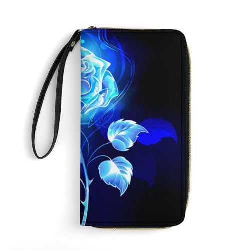Burning Blue Rose Neutral Leather Wallet with Scratch Resistant Strap for Easy Carrying