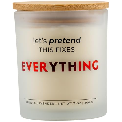 Wick and Wit Let’s Pretend This Fixes Everything Gift Set – Funny Gifts for Women, Sarcastic Stress Relief Gifts, Premium Vanilla Lavender Soy Candle, 50+ Hour Burn, Ready to Gift Box