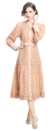 Image of LAI MENG FIVE CATS Women's Round Neck Lantern Sleeves Embroidery Button Layered Lace Hem Midi Dress with Belt