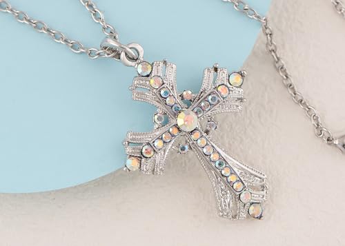 Image of Alilang Silvery Tone Religious Cross Pendant Necklace w /Aquamarine Blue Or Clear Crystal Rhinestones