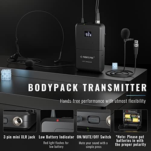Phenyx Pro Wireless Microphone System, Quad Channel Cordless Mic Set with Four Bodypacks and Headsets/Lapels, 4x40 Channels, Auto Scan,328ft Coverage, Ideal for DJ, Church,Events(PTU-7000B)