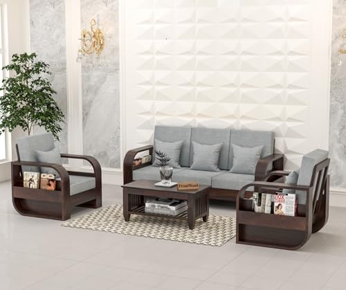 Image of Sheesham Wood 5-Seater Sofa Set - Solid Wood Furniture with Walnut Finish & Grey 40-Density Cushions | Wooden Sofa for Living Room & Home Office