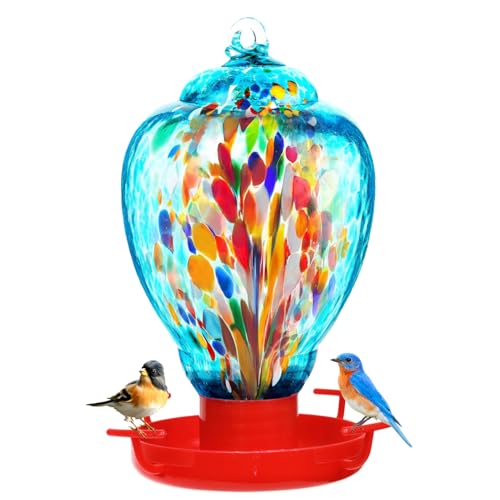 Colorful Glass Wild Bird Waterer 32 Oz Bird Water Feeder for Outdoors Garden Outside Water Cooler Tree Yard Decoration (Blue-fire)