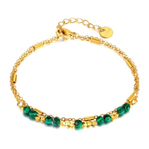 Fashion 18K Gold Plated Natural Stone Bracelet Stainless Steel Double Layer Adjustable Link Chain Bracelet