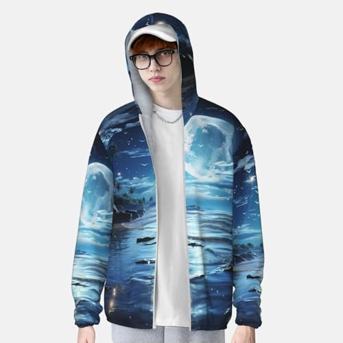 Men's UPF 50+ Sun Protection Hoodie Moon Over Ocean Long Sleeve Sun Shirts Full Zip Light Fishing Jacket4