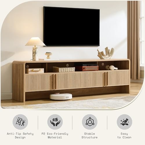 Image of AMERLIFE Modern TV Stand for TVs up to 80 inch, 70 inch Fluted TV Console with Storage Cabinets, Wood Entertainment Center Media Console for Living Room, Natural Oak