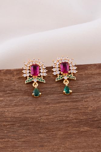 Image of Radha's Creations brass Ruby Emerald stud earrings one gram gold for women and girls one gram gold
