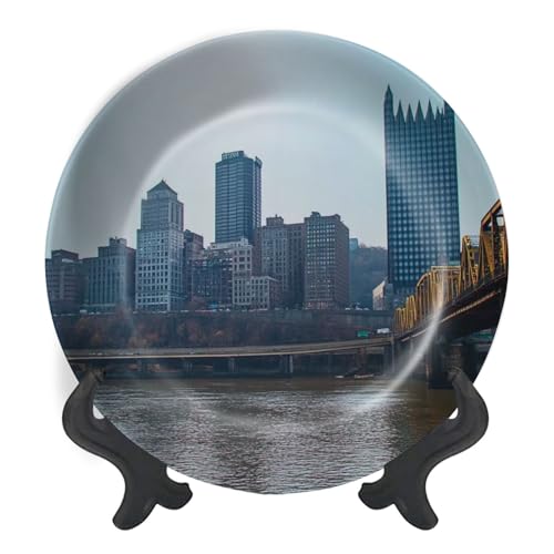 Decorative Plates for Display Skyline Downtown Pittsburgh Pennsylvania Gift Plates Ceramic Collections Plates Hanging Artwork for Living Dining Room Kitchen Souvenir