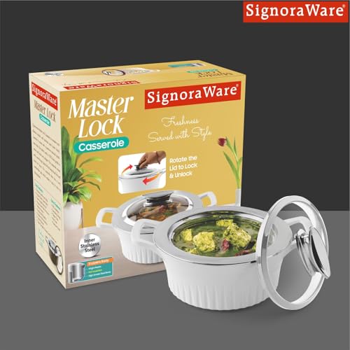 Image of SignoraWare Master Lock BPA Free Plastic Casserole | Inner Stainless Steel With Borosilicate Glass Lid | Perfect for Home, Kitchen & Gifting | Ideal for Storing & Serving Hot Meals (2 Ltr | White)