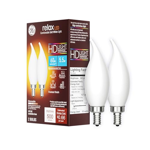 GE Relax LED Light Bulbs, Candle Lights, 60 Watts, Soft White Frosted Decorative CA11 Bulbs, Small Base (2 Pack)