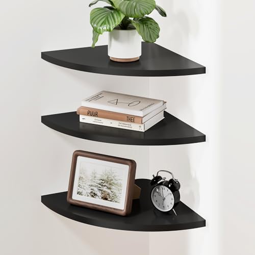 Corner Shelf Wall Mount, Engineered Wood Floating Corner Shelves with Cable Hole, Wall Mounted Storage Display for Bathroom, Bedroom, Living Room, Kitchen (12 Inch, Black, 3 Pack)