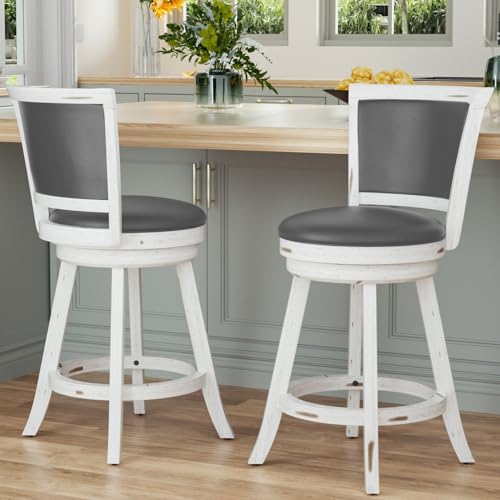 Butacos Giratorios de Barra, Juego de 2 Unidades, Altura de Encimera 24", Asiento Tapizado en Cuero Sintético con Espaldar y Reposapiés, Patas de Madera Maciza, para Cocina, Comedor y Pub, Color Blanco Antiguo miniatura 1