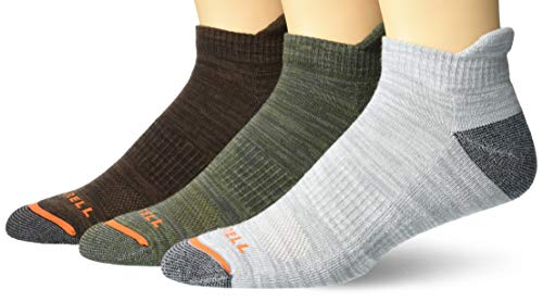 Merrell mens Cushioned Hiker Low Cut Tab 3 Pair Casual Sock, Dark Brown, Dark Grey/Light Grey, Olive Green, Medium-Large US