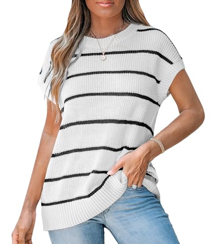 Image of CUPSHE Womens Knit Short Sleeve Sweater Striped Crew Neck Cap Sleeve Top Casual Pullover Tops