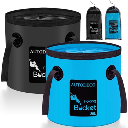 AUTODECO 5 Gallon Collapsible Bucket 2 Pack Water Container Portable Wash Basin for Fishing Camping Car Washing Hiking 20L Blue and Black