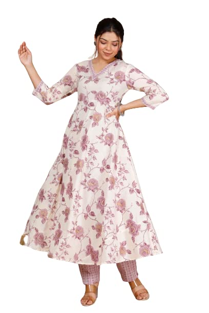 Angiya Women's Pink Floral Printed Jaipuri Anarkali Kurta with Pa...