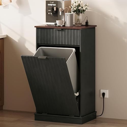 WLIVE 10 Gallon Tilt Out Trash Can Cabinet, Hidden Garbage Can Cabinet with Power Outlets, Storage Drawer, Food/Clothes Storage Pet Proof Kitchen Trash bin for Home, Launday, Black