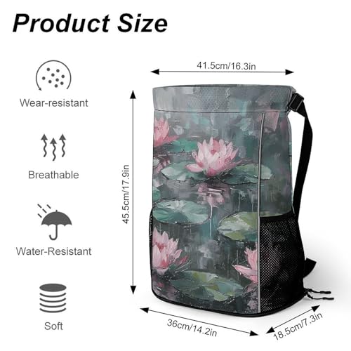 Drawstring Gym Backpack with Shoe Compartment And Wet Pocket, 28L Lightweight Waterproof Peach Water Lily Painting Sports Backpack for Workout Swim Beach Travel String Bag for Men Women2