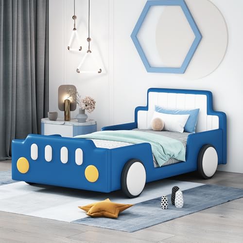 Image of Race Car Shaped Platform Bed with Wheels, Twin Size Wood Low Floor Bed Frame with Headboard and Footboard, Upholstered Bed with Rails, No Box Spring Needed, Blue