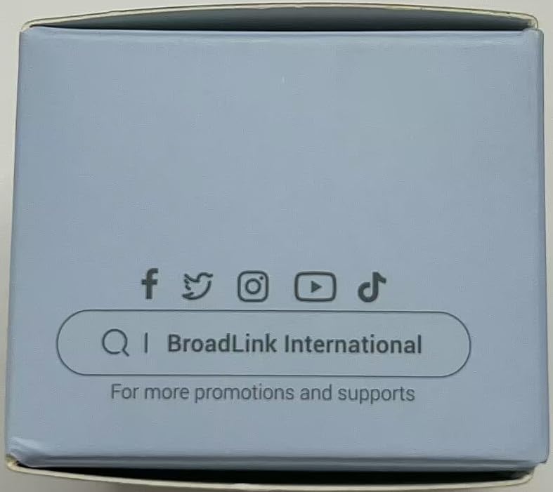 Side of the BroadLink Smart Hub S3 packaging box showing social media icons (Facebook, Twitter, Instagram, YouTube, TikTok) and a search bar for 'BroadLink International'.