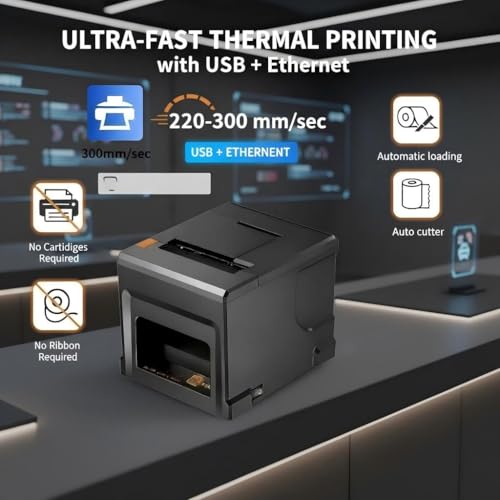 Fuhuihe 80mm Thermo-POS-DruckerWindows | 300 mm/s Auto-Cutter | Inkl. 5 Rollen Papier | Für Gastronomie & Einzelhandel (8360+USB+LAN​)