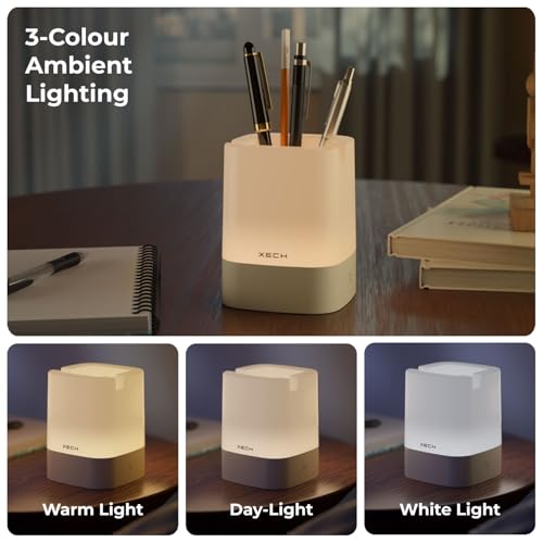 Image of Xech Pen Stand with Ambient Night Light & Mobile Holder | 3-Colour Ambient Light, Touch Control | Rechargeable Night Lamp for Office, Study & Bedside (Nova)