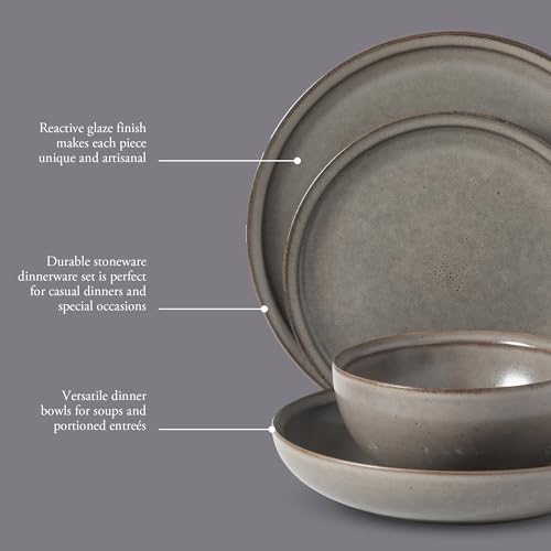Image of Gibson Elite Beckett Stoneware Matte Reactive Glaze 16 Piece (Service for 4) Plates and Bowls Dinnerware Set - Grey