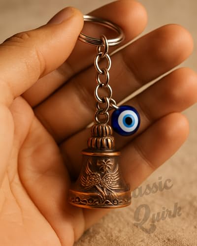 Image of Evil Eye Hooked Guardian Bell Keychain - Protective Lucky Charm Bell with Clip Hook for Bike, Car, Key & Bag | Spiritual Good Luck Talisman Gift