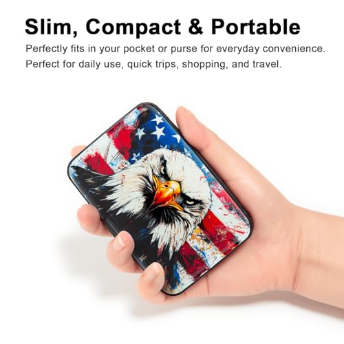 Image of Credit Card Holder, Metal Card Wallet RFID Blocking Mini Slim Aluminum Business Hard Card Case for Women Men (Bald Eagle with American Flag)