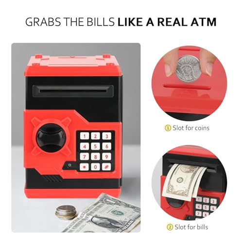 Image of New Electric Digital ATM Money Safe Box Coin Saving Piggy Bank with Password Code Combination Lock for Kids and Adults - Black and Red Coin Bank (Black)