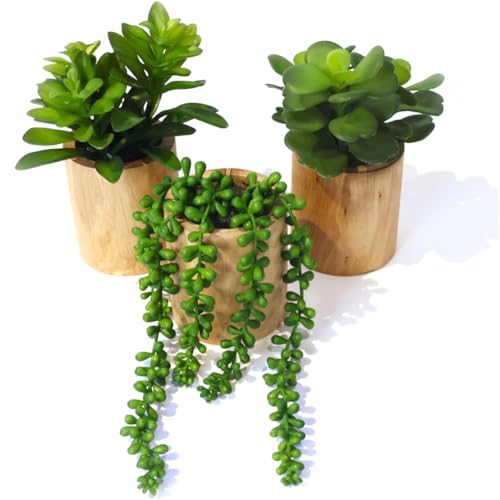 VINSUNI 3 Pack Fake Plants Succulent Pots with Wooden, Small