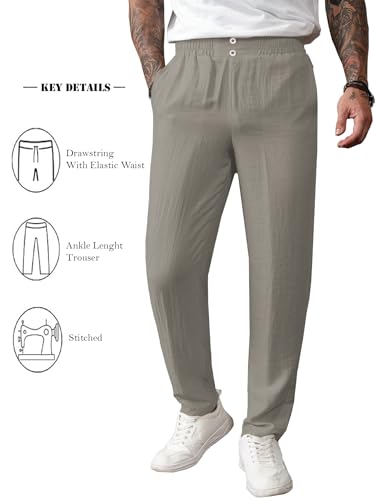 Image of TAGDO Men's Cotton Casual Premium Linen Blend Pants | Lightweight & Breathable Fabric | Elastic Waist with Button | Loose Fit | Perfect for Holidays & Travel (2055)