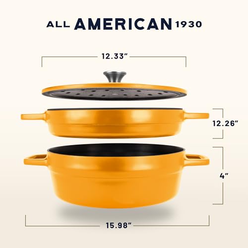 Image of All American 1930 - Dutch Oven - The Complete Set, Mustard Yellow - 7.75qt Capacity - Ideal for Family Meals & Versatile Cooking - Non Stick & PFAS Free - Made in the USA
