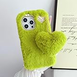 CrazyLemon 適用 iPhone 16 Plus ケース かわいい ふわふわ 毛玉 ケース おしゃれ ハート ペンダント付き、 アイフォン16プラス ケース 薄型 軽量 衝撃吸収 落下防止 スマホケース 冬日 暖かい 実用 保護カバー レディース 女性 子供 人気 (Cute Fluffy Case for Women Girls) - グリーン/緑