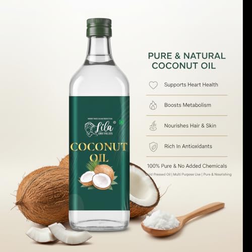 Image of LILA DRY FRUITS Pure Coconut Oil 1 Litre 1.5 L (500 ML x 2) for Cooking & Eating | Edible Cold Pressed Oil for Daily Use | Kachi Ghani Lightweight Natural Cholesterol Free Nariyal ka Tel for Indian Food, Baking & Frying