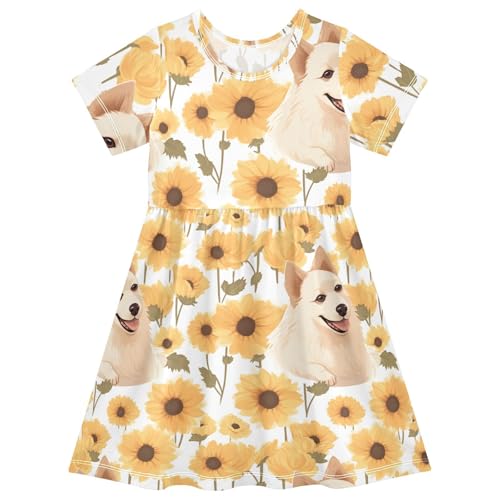 Toddler Corgi Dog Sunflower Girls Dresses Short Sleeve Casual Dresses 2T 202a3817