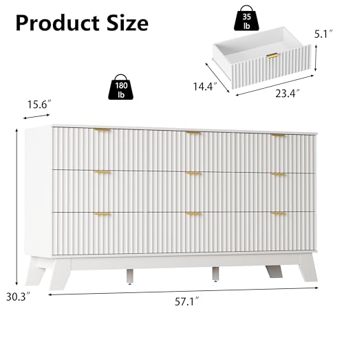 Image of White Dresser 9 Drawer Dresser for Bedroom, 57''Wide Fluted Wooden Dresser Storage Cabinet and Chest of Drawers with Metal Handle, Storage Organizer for Living Room, Hallway, Entryway