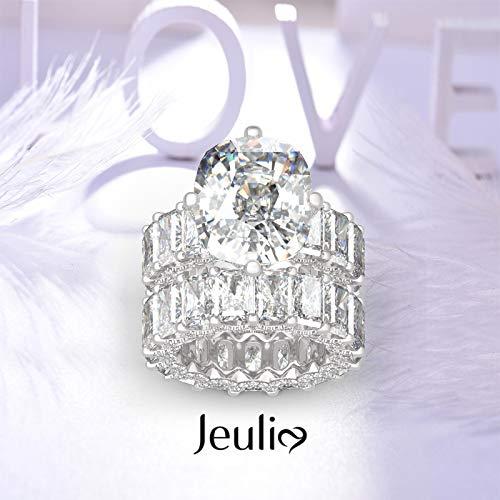 Jeulia Cushion Cut Three Sided Pave Sterling Silver Eternity Ring Cubic Zirconia Art Deco Halo Wedding Engagement Anniversary Rings Set (Silver, 8) #TOP5