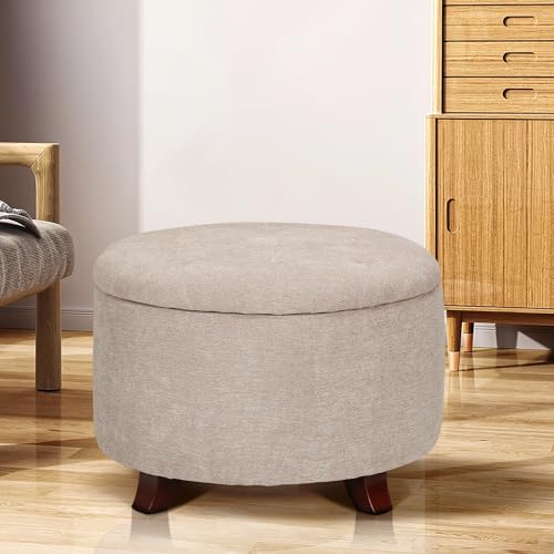 Athena Collection 24.5 Inch Small Ottoman with Storage, Round Linen Fabric Storage Ottoman Foot Rest with Removable Lid, Multipurpose Footstool Footrest for Livingroom, Bedroom, Dorm, Beige - Thumbnail 2