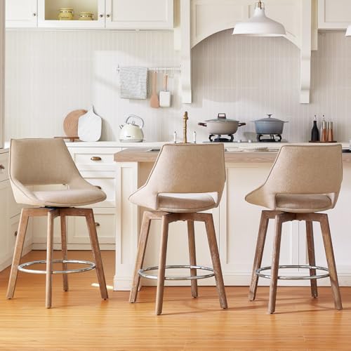 Butacos giratorios de altura para barra, set de 3 unidades color arena, patas de madera maciza, asiento acolchado en tela, ideales para islas de cocina y bares domésticos miniatura 3