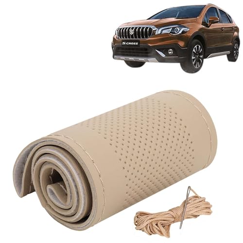 Image of KINGSWAY PU Leatherite Car Steering Cover Sewable Compatible with Maruti Suzuki S Cross (Year 2020 Onwards), Beige Color with Beige Thread, Pack of 1 with Sewing Needle and Thread