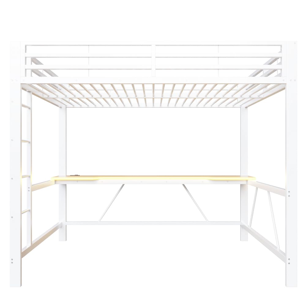 Letto a soppalco 160x200 con striscia led,USB,letto a castello bambini con scrivania Salvaspazio,rete letto in metallo da gioco con sponda,Senza materasso,atto a camere da letto,ecc(Bianco)