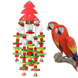MEWTOGO Christmas Large Bird Toy – Natural Wooden Parrots Toys with Colorful Edible Blocks for Macaw African Grey Amazon Parrots, Parrot Chewing Toy for Xmas Gifts Bird Playing (Red)