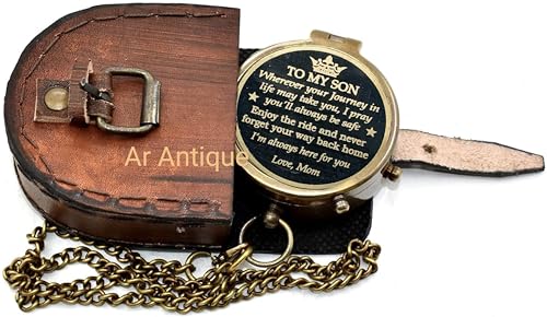 Brújula de Bolsillo Vintage de Latón para Regalo a Hijo de Mamá | Grabada 'To My Son, Love Mom' con Estuche de Cuero | Regalo Significativo para Cumpleaños, Graduación y Boda miniatura 6