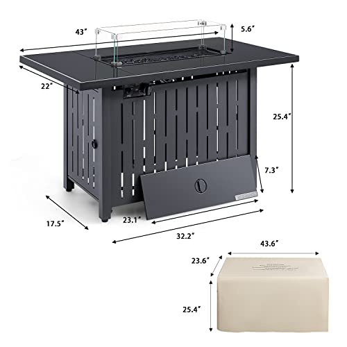 Devoko 43 Inch Propane Gas Fire Pit Table Outdoor 50,000 Btu Auto Ignition Patio Propane Gas Firepit With Tempered Glass Desktop Glass Cover, Lid And Glass Stone, Black #TOP6