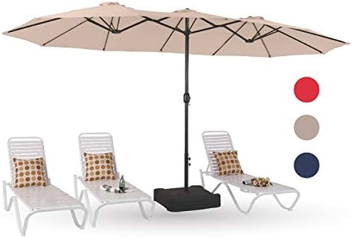 PHI VILLA 15ft Patio Umbrella Double-Sided Outdoor Market Extra Large Umbrella with Crank, Umbrella Base Included (Beige)