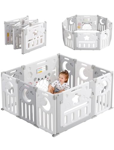 Baby Playpen, Dripex Baby Playard for Babies and Toddlers, 10-Panel Foldable Playpen Adjustable Portable Play Area, Indoor/Outdoor Kids Active Center with Game Panel & Safety Gate, Grey White