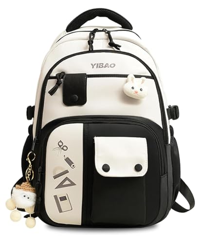 Image of Cute School Backpack for Girls - Stylish Pink & White Large Capacity Bookbag with Plush Keychain, Multiple Pockets, Lightweight Travel & College Bag