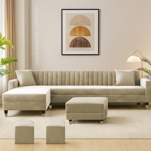 Image of Casaliving Garcia LHS 8 Seater L Shape Sofa Set with Ottoman & 2 Puffy for Living Room (Cream) Premium Fabric Sofa Set